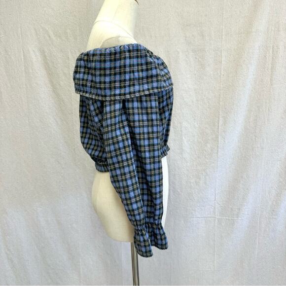 Stefano vintage 90s flannel plaid off the shoulder cropped peasant top medium - Picture 5 of 14